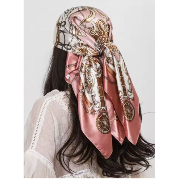 ✨Elegant Bandana Square Silky Scarf PINK Geometric Versatile Soft Luxury hijab✨ - Picture 1 of 6